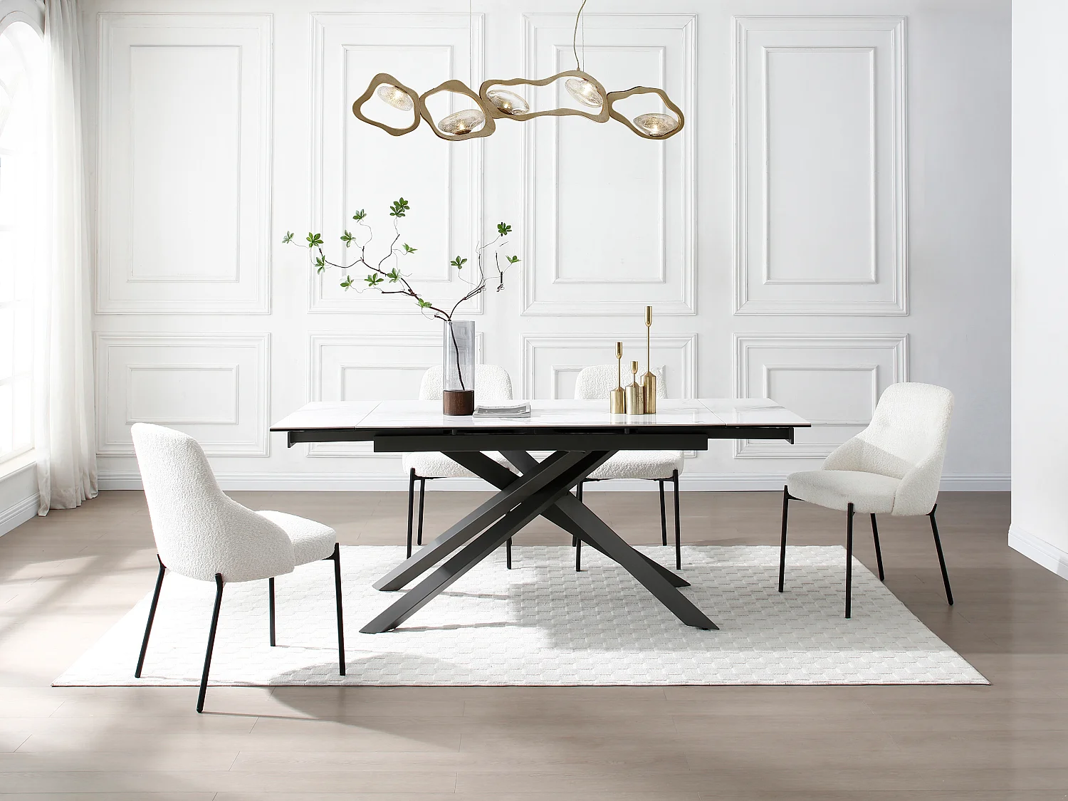 Esstisch für 4 bis 8 Personen ausziehbar - Keramik, Sicherheitsglas & Metall - Marmor-Optik Weiß & Anthrazit - COREMA von Maison Céphy
