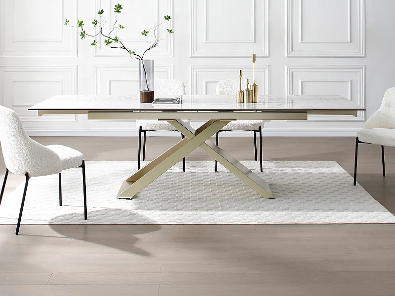 Mesa extensible para 6 a 10 personas en cerámica, vidrio templado y metal - Efecto mármol blanco y dorado - XERENA de Maison Céphy