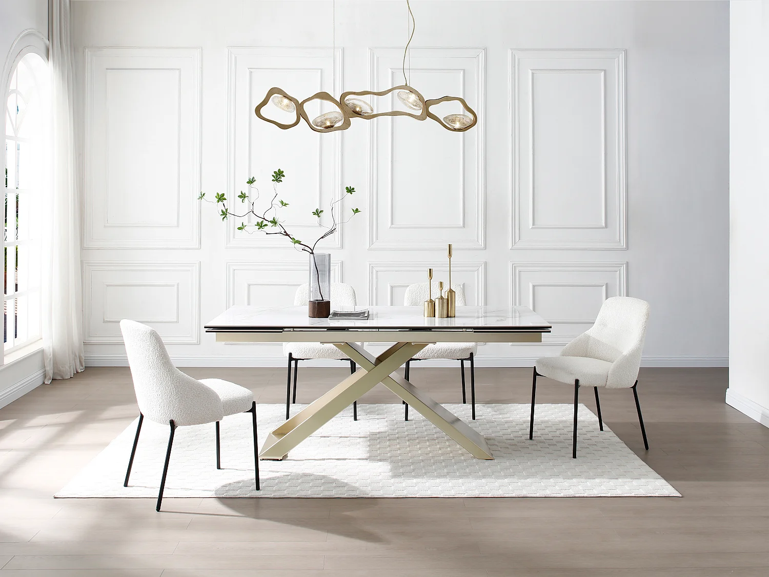 Esstisch für 6 bis 10 Personen ausziehbar - Keramik, Sicherheitsglas & Metall - Marmor-Optik Weiß & Goldfarben - XERENA von Maison Céphy