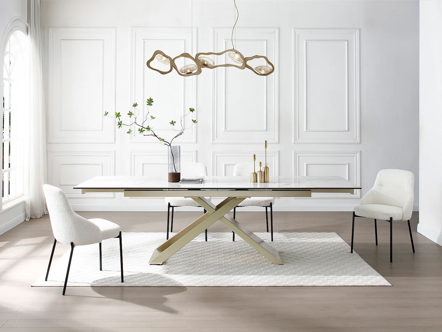 Tavolo da pranzo allung. 6-10p Ceramica Vetro temp. Metallo Eff. marmo Bianco Dorato  - XERENA Maison Céphy