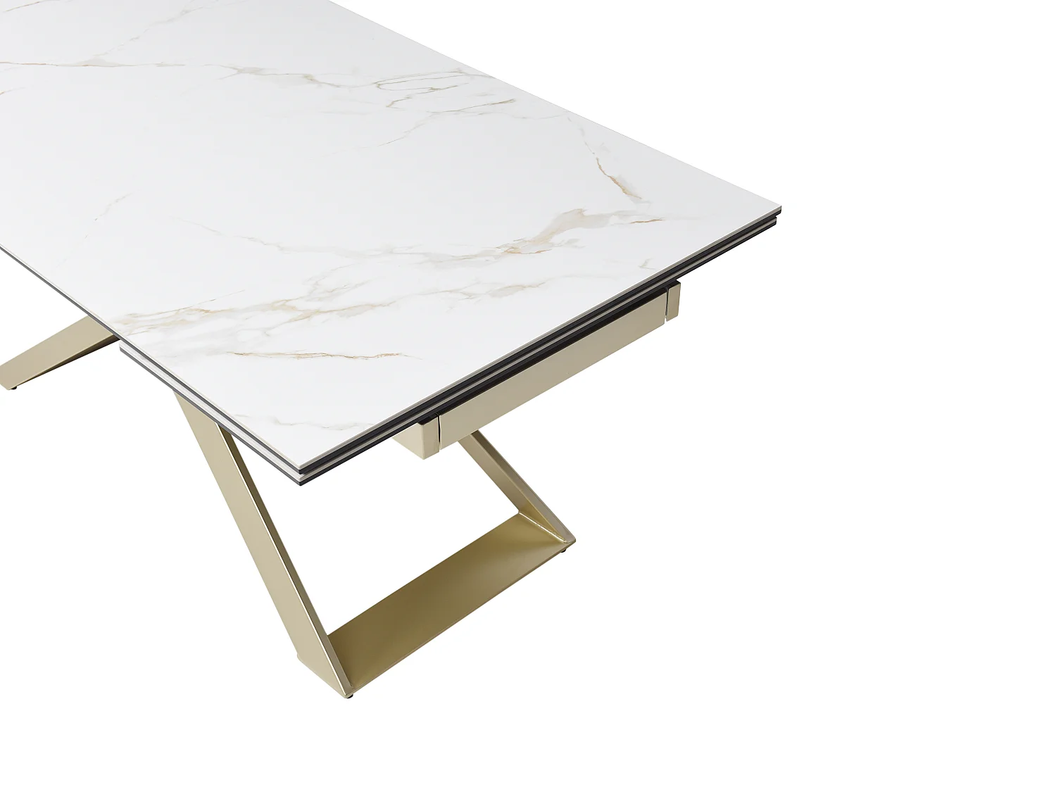 Table à manger extensible 6 à 10 personnes en céramique, verre trempé et métal - Effet marbre blanc et Doré - XERENA de Maison Céphy