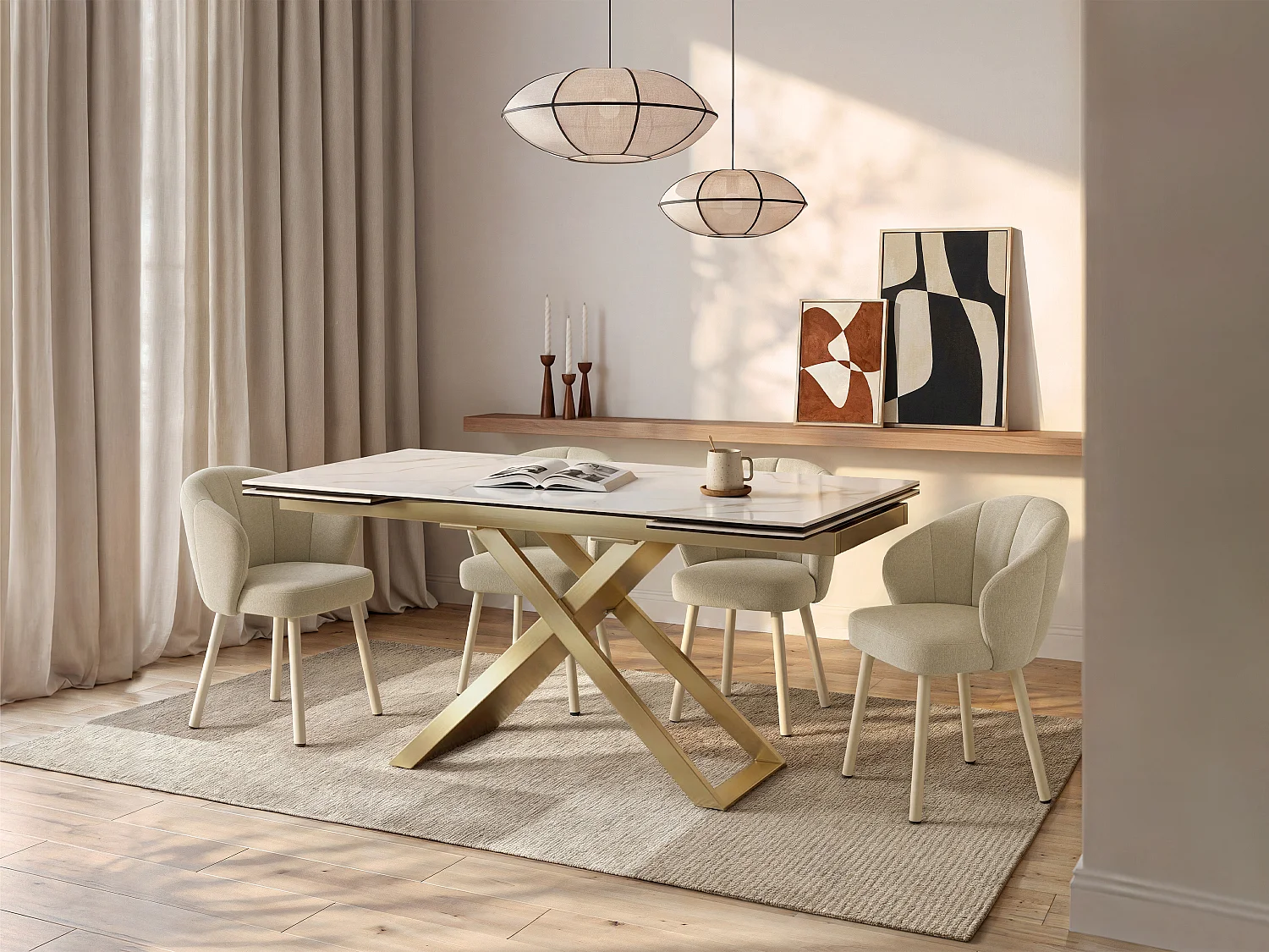 6 - 10 Seater extendable dining table in ceramic, tempered glass, and metal - White marble and Gold effect - XERENA by Maison Céphy
