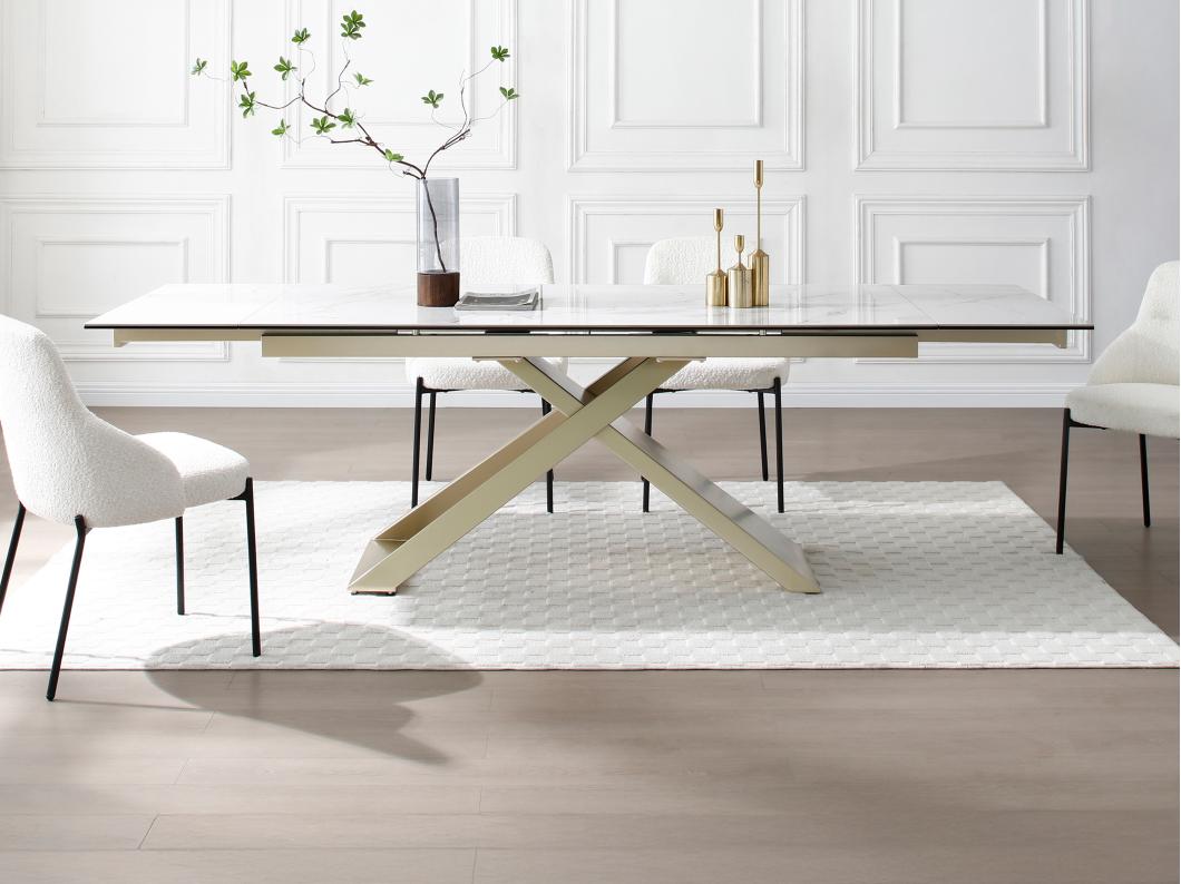 Table à manger extensible 6 à 10 personnes en céramique, verre trempé et métal - Effet marbre blanc et Doré - XERENA de Maison Céphy