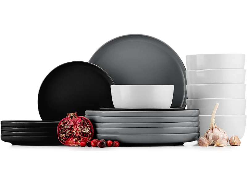 Tafelservice und Schüssel 18-tlg - Weiß, Schwarz, Grau - VICTO