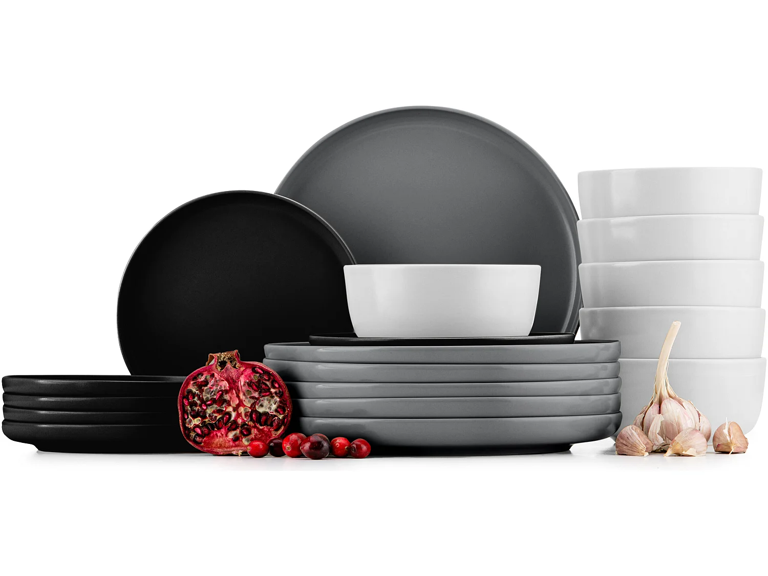Tafelservice und Schüssel 18-tlg - Weiß, Schwarz, Grau - VICTO