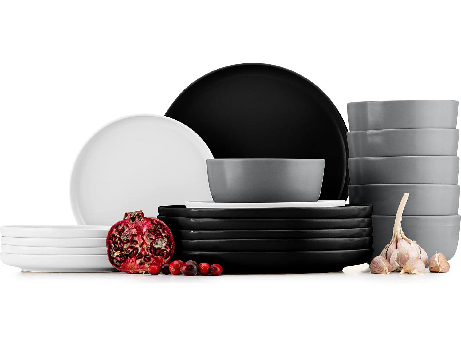 Tafelservice und Schüssel 18-tlg - Weiß, Schwarz, Grau - VICTO