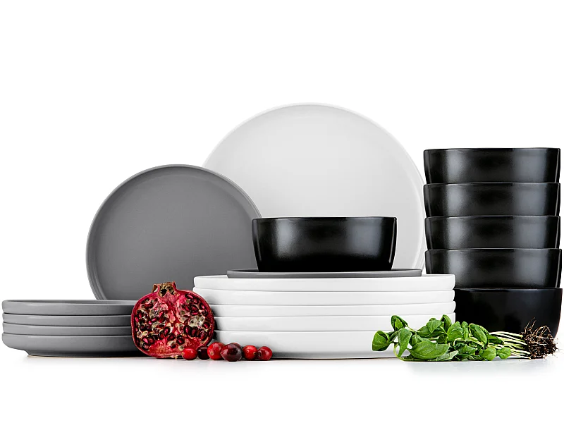 Tafelservice und Schüssel 18-tlg - Weiß, Schwarz, Grau - VICTO