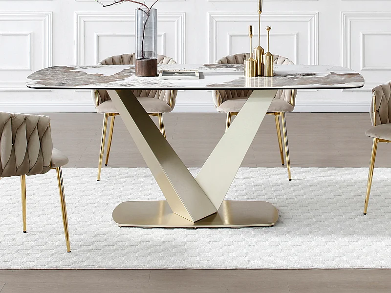 Eettafel voor 6 personen van keramiek, gehard glas en goudkleurig metaal - Wit marmereffect en grijs - PORELIMA van Maison Céphy