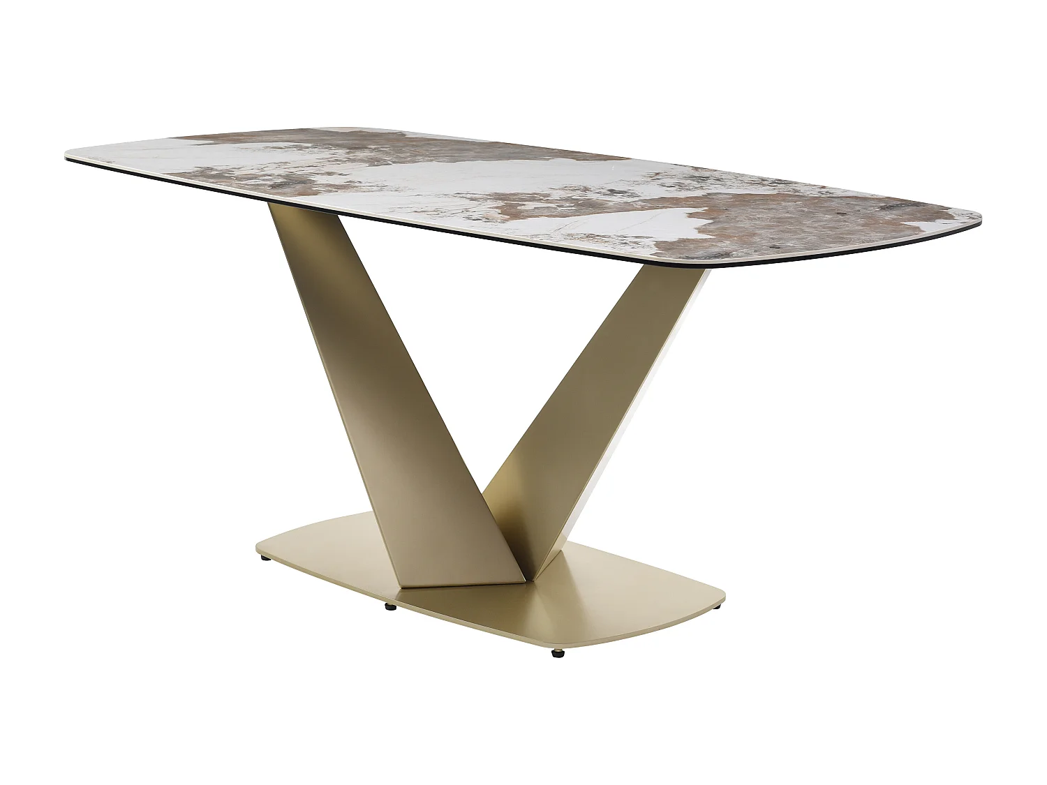 Eettafel voor 6 personen van keramiek, gehard glas en goudkleurig metaal - Wit marmereffect en grijs - PORELIMA van Maison Céphy