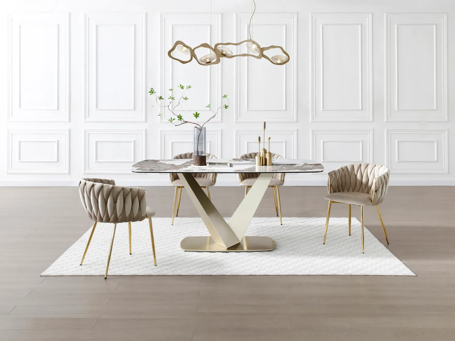 Mesa de comedor 6 personas de cerámica, vidrio templado y metal dorado - Efecto mármol blanco y gris - PORELIMA de Maison Céphy