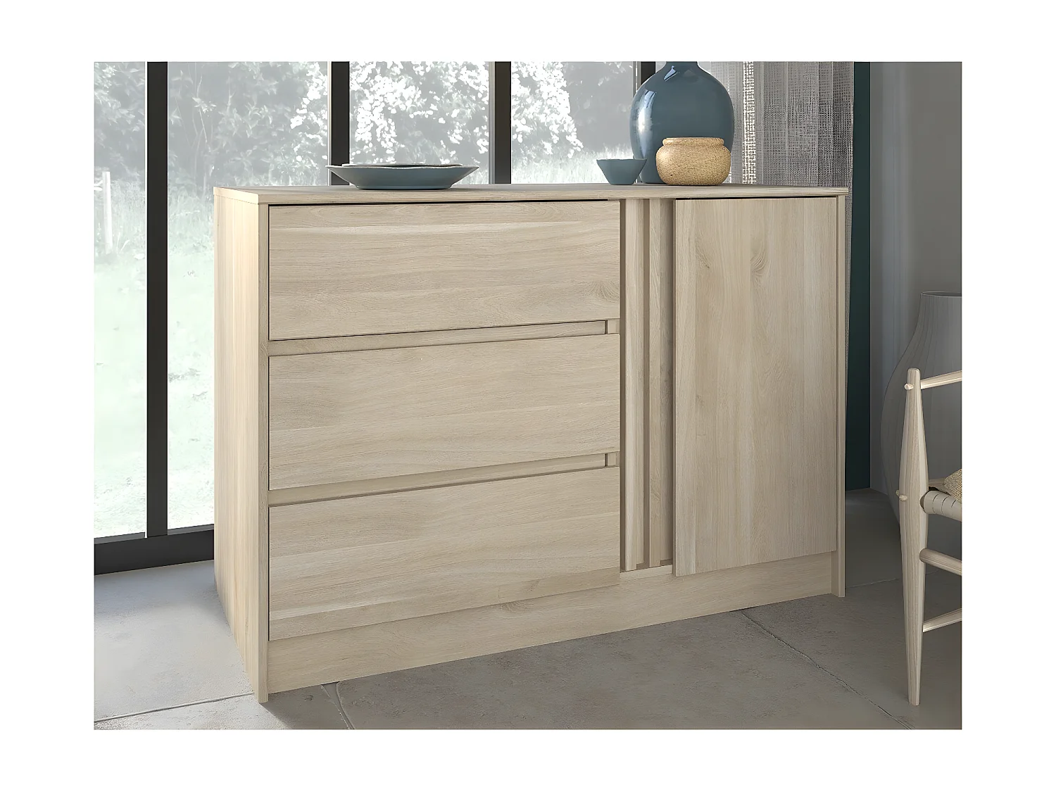 Commode 1 porte 3 tiroirs réversibles blanc chêne L110 cm - Escale