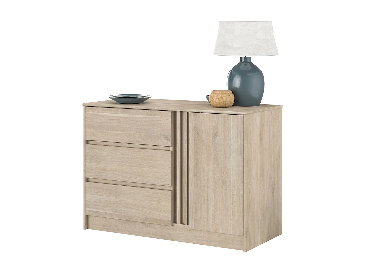 Commode 1 porte 3 tiroirs réversibles blanc chêne L110 cm - Escale