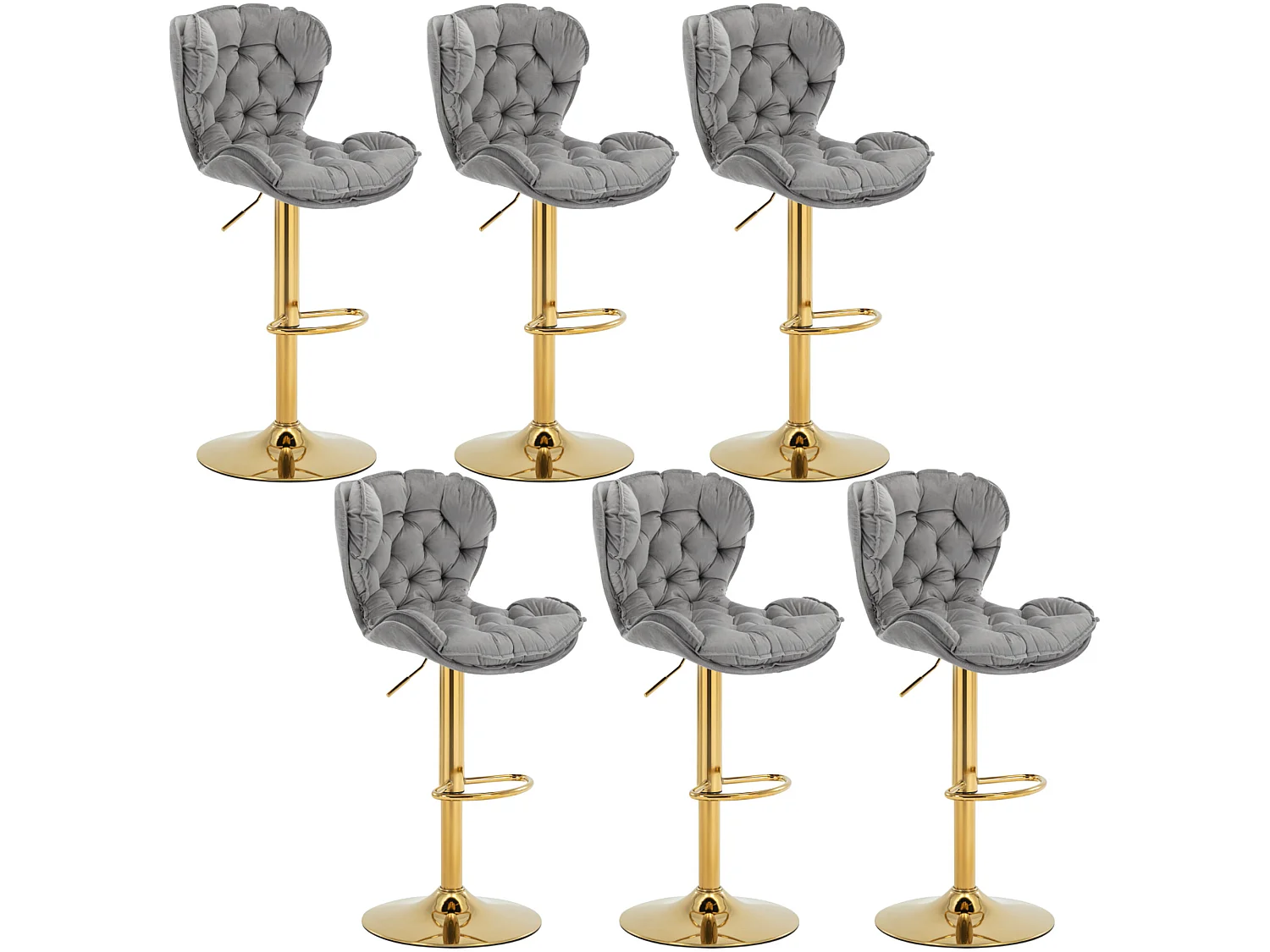 Lot de 6 tabourets de bar - Hauteur Ajustable - Velours - Gris
