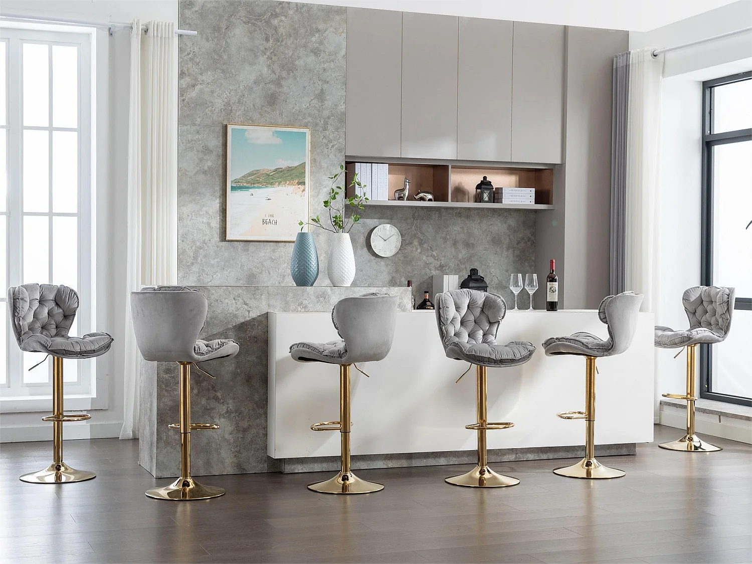 Lot de 6 tabourets de bar - Hauteur Ajustable - Velours - Gris