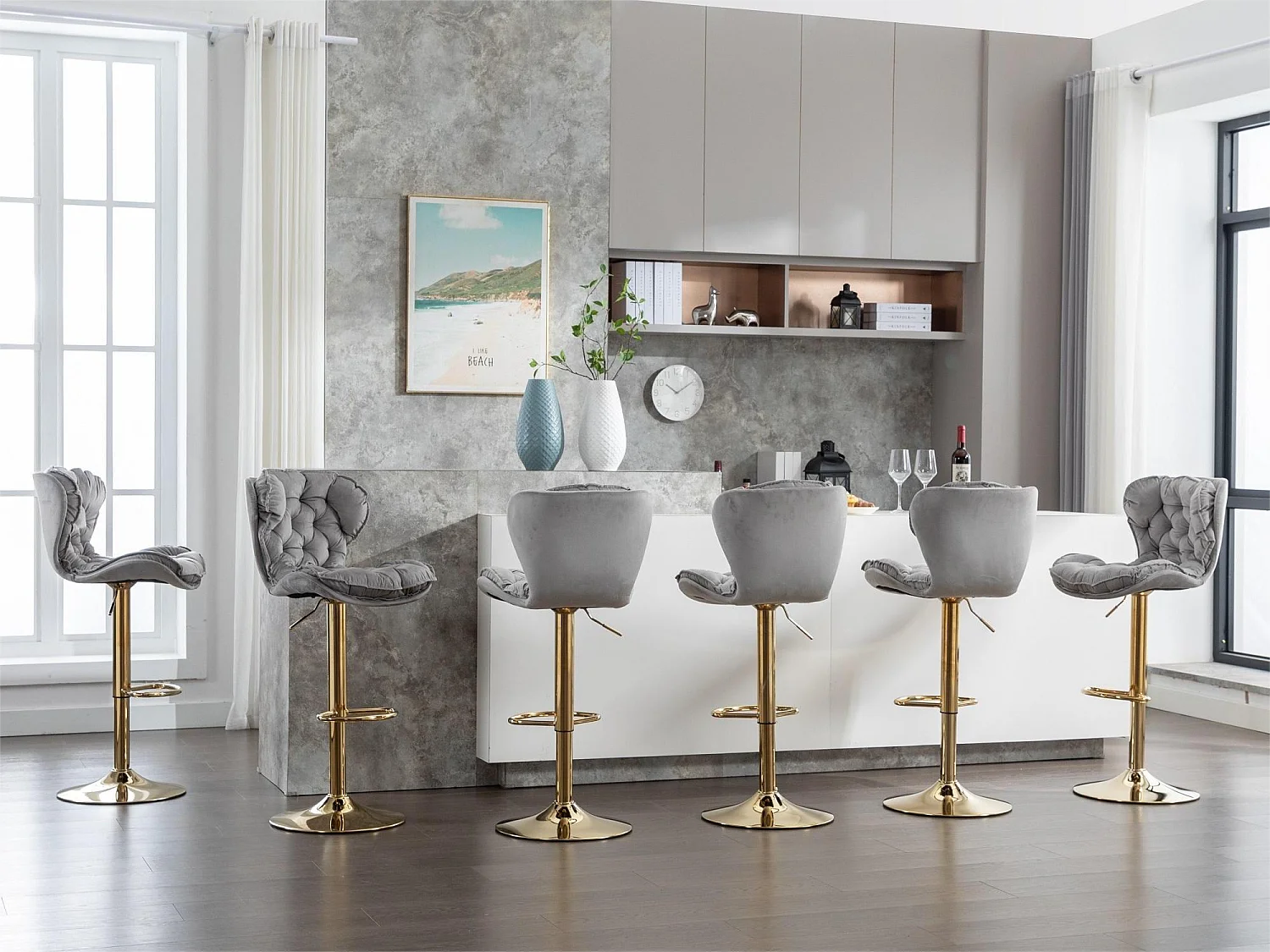 Lot de 6 tabourets de bar - Hauteur Ajustable - Velours - Gris