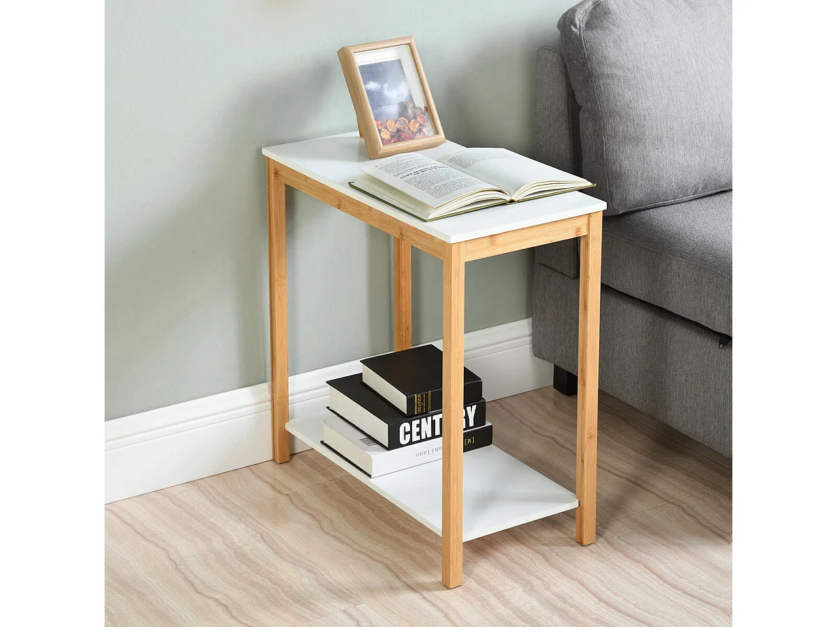 Table à point 2 niveaux bout de canapé bois blanc étagère DEWAR