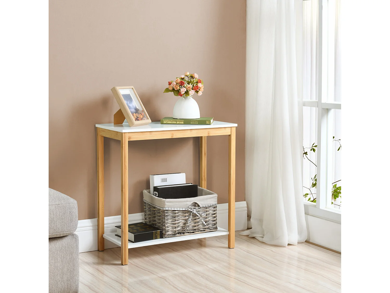 Table à point 2 niveaux bout de canapé bois blanc étagère DEWAR