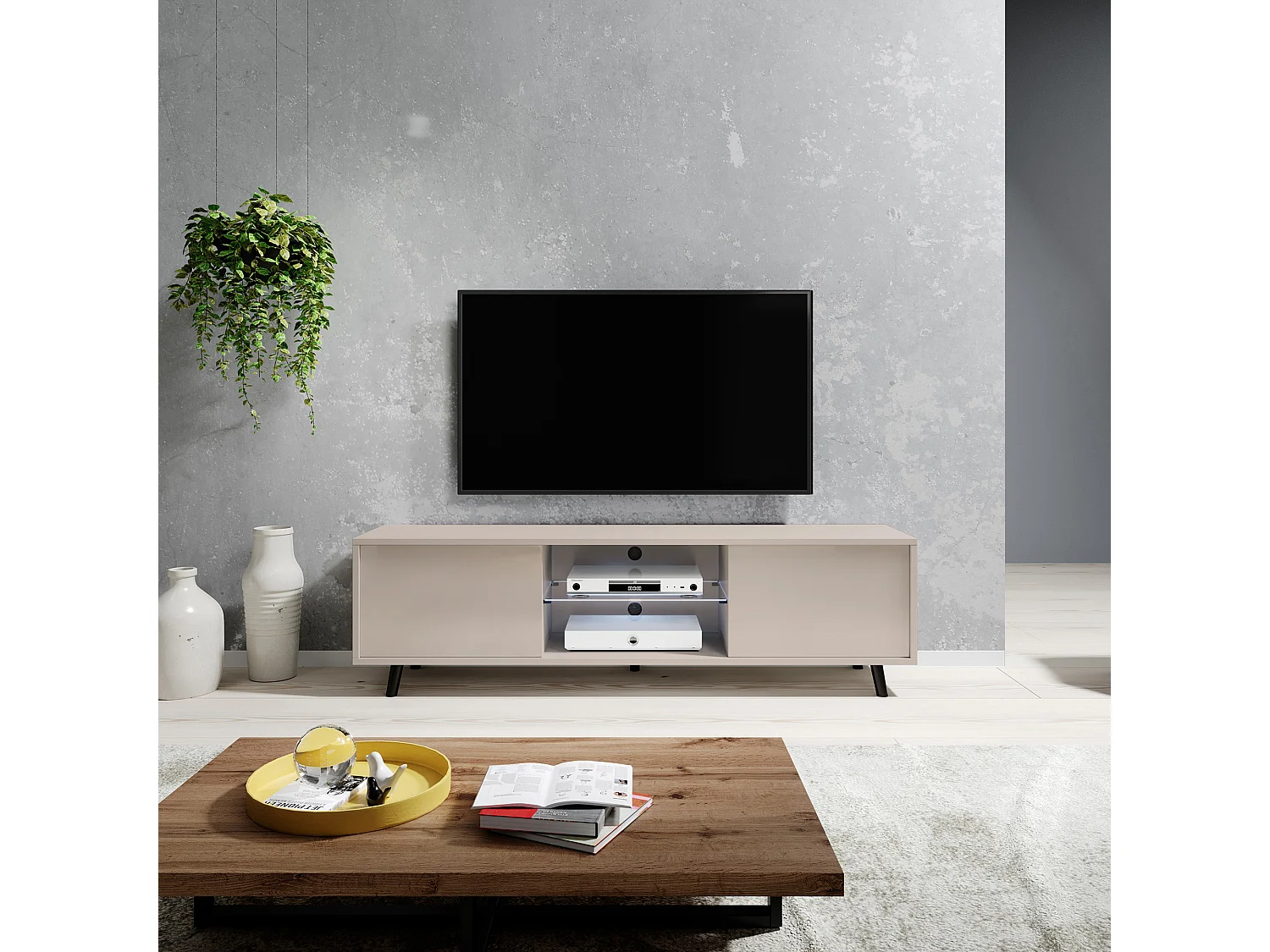 TV-Lowboard - 140 cm - Graubeige mit LED - LEFYR