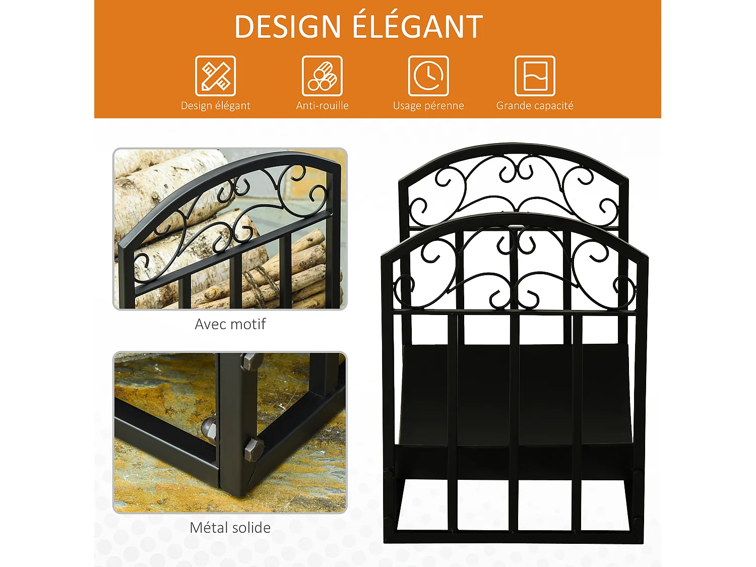 Outsunny Range-bûches rack à bûches style fer forgé dim. 60,5L x 36l x 46,5H cm métal noir