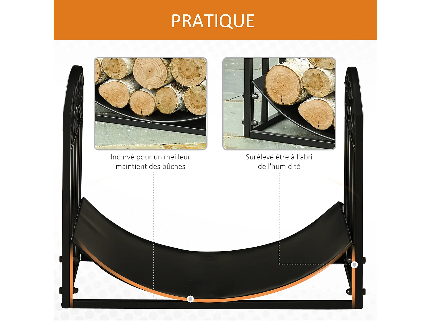 Outsunny Range-bûches rack à bûches style fer forgé dim. 60,5L x 36l x 46,5H cm métal noir