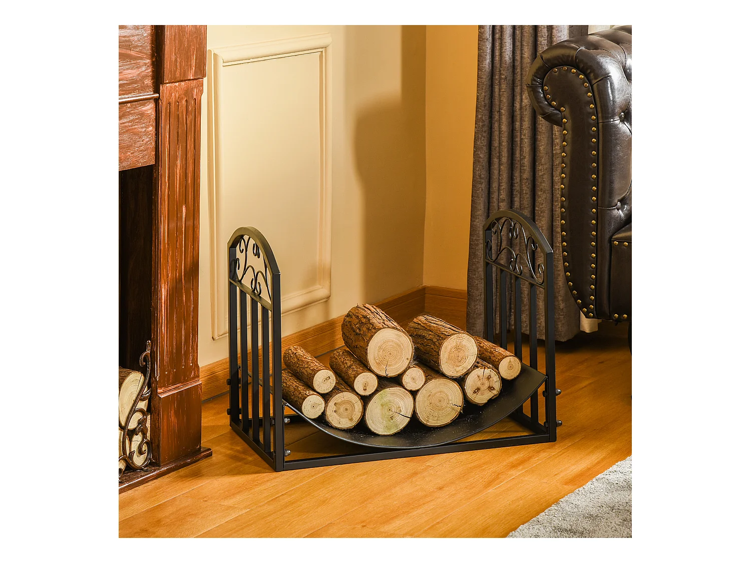 Outsunny Range-bûches rack à bûches style fer forgé dim. 60,5L x 36l x 46,5H cm métal noir