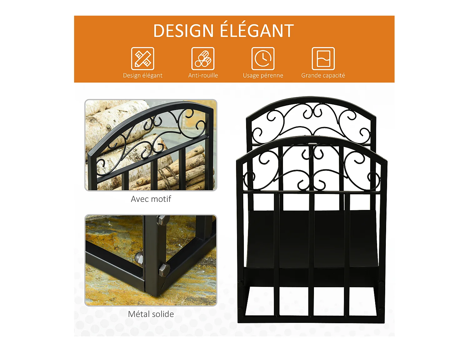 Outsunny Range-bûches rack à bûches style fer forgé dim. 60,5L x 36l x 46,5H cm métal noir