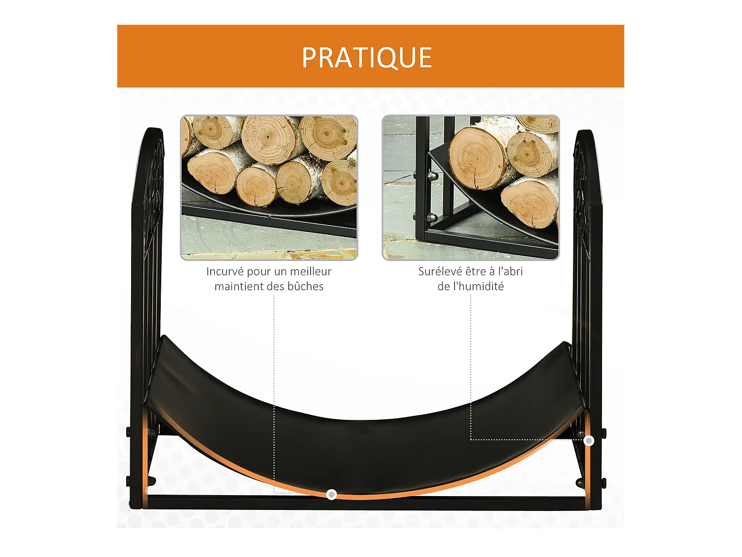 Outsunny Range-bûches rack à bûches style fer forgé dim. 60,5L x 36l x 46,5H cm métal noir