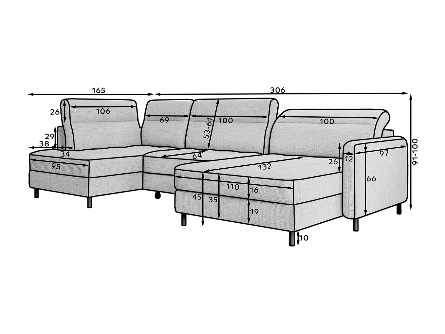 Ecksofa Silvio UR/Stoff-Blau