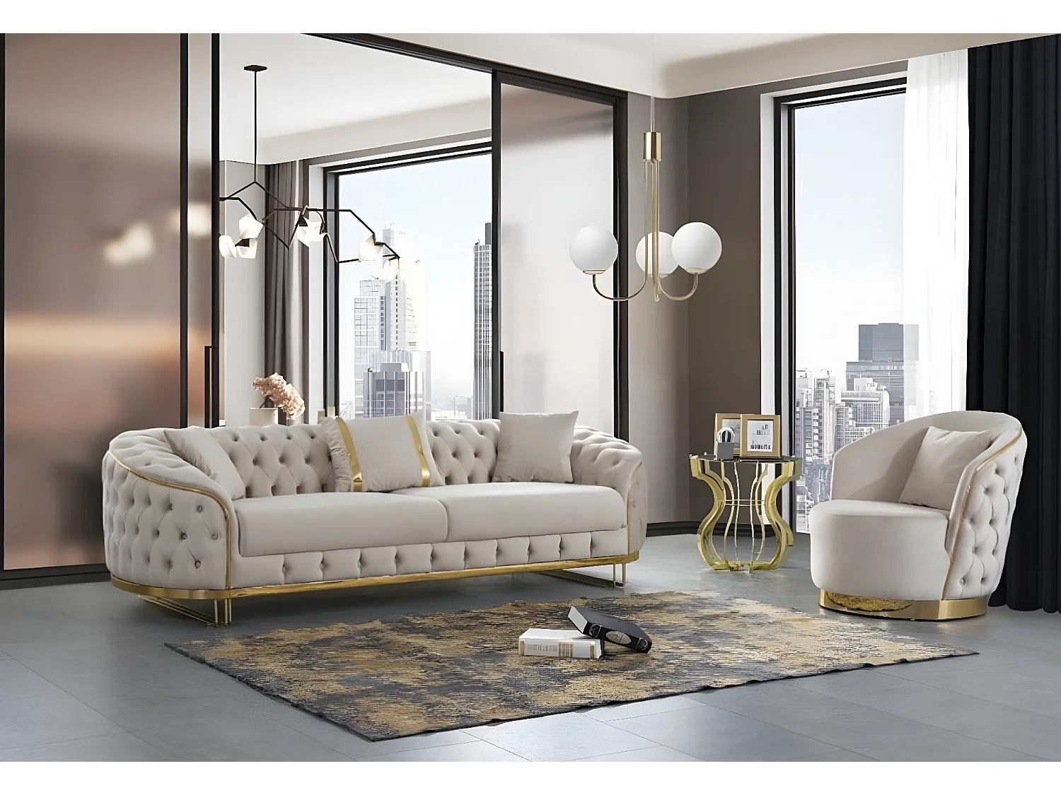 3 Pers. Divano Ludvig Lux/Tessuto-Beige&Oro