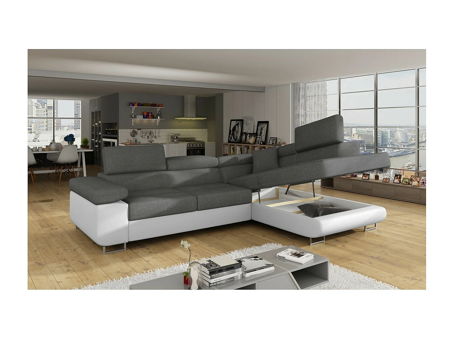 Canapé Corner Rondon R/Tissu/Gris&Blanc/En stock