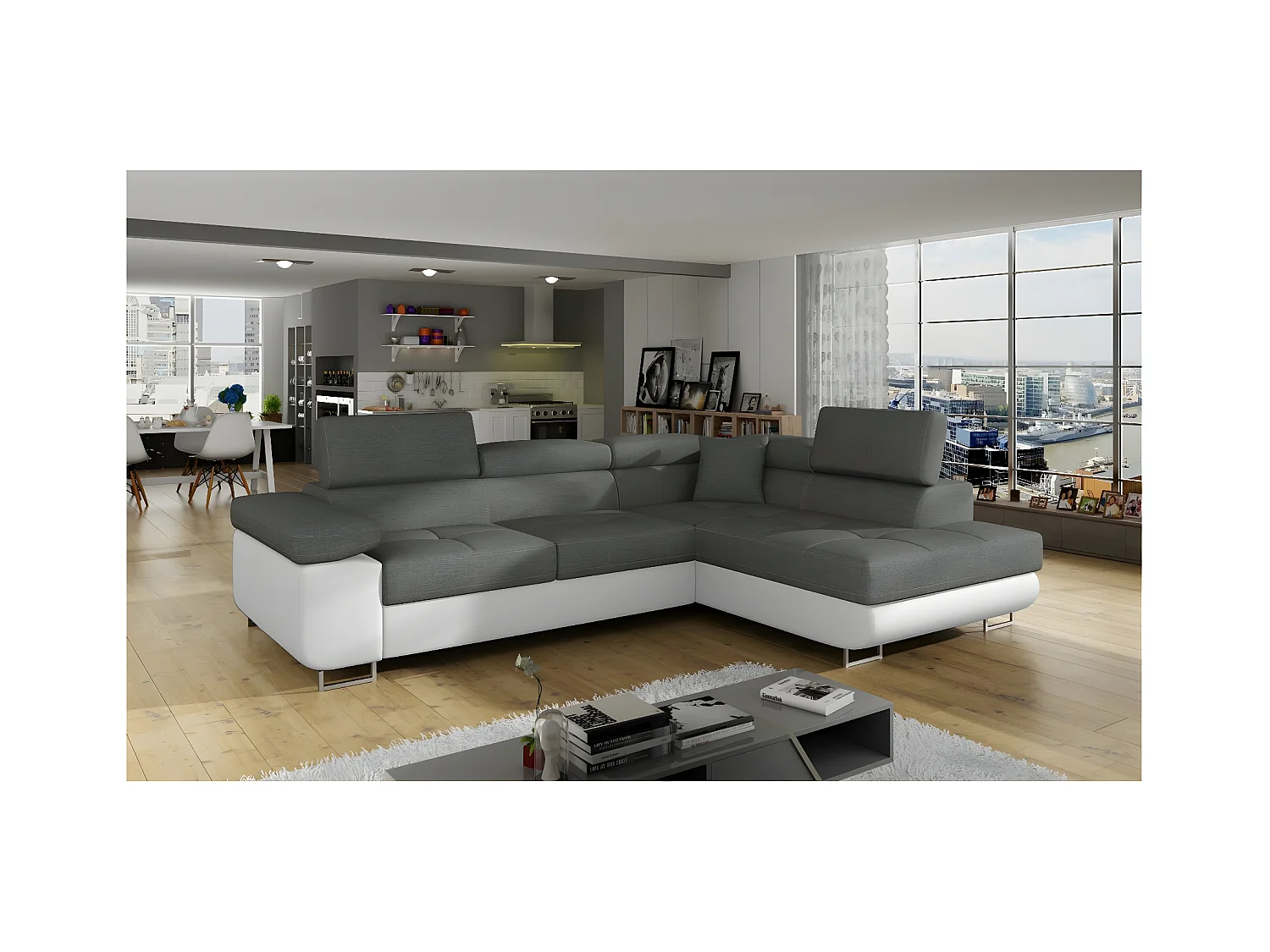 Ecksofa Rondon R/Stoffbezug/Grau&Weiss/An Lager