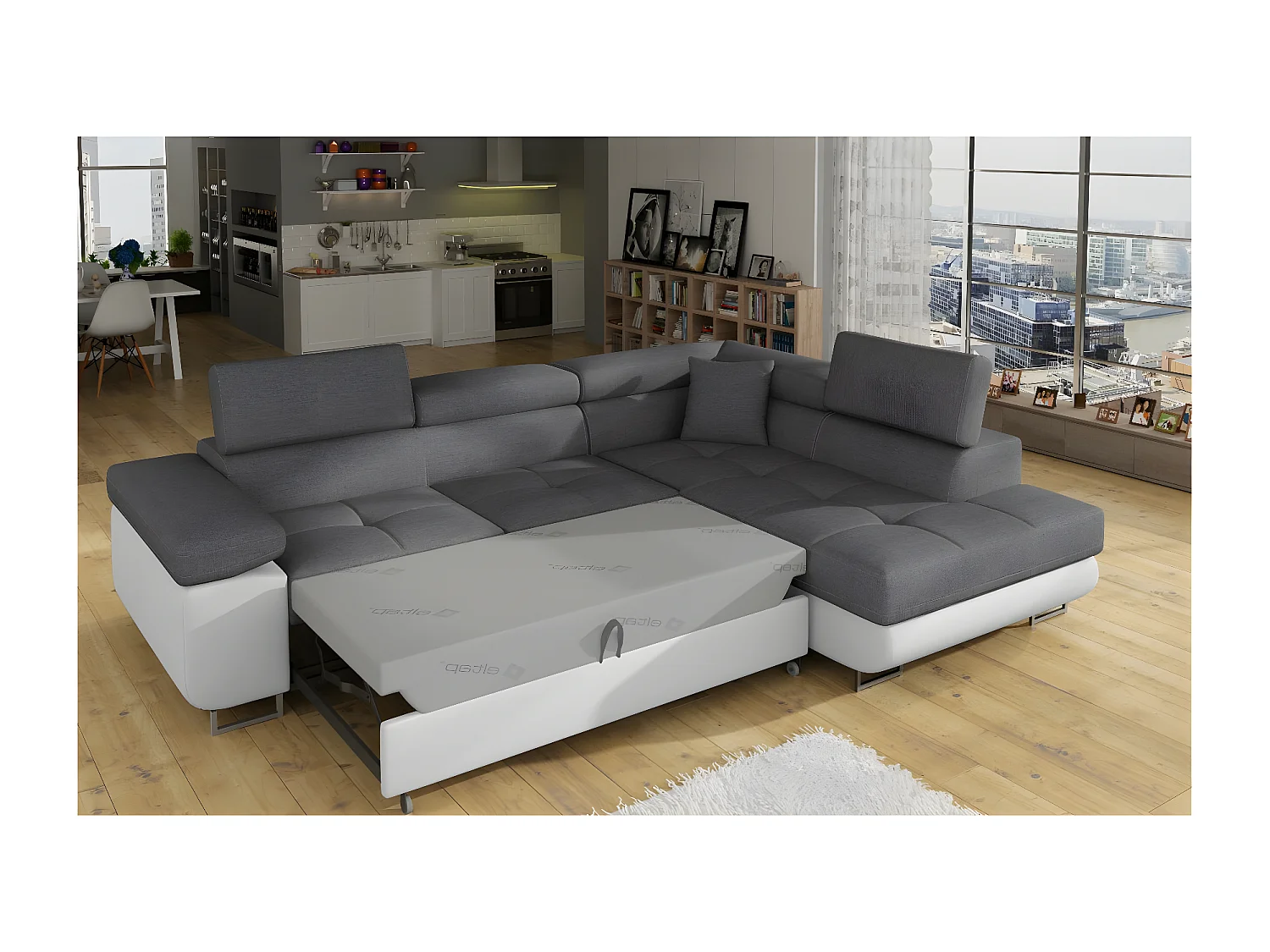 Sofá de canto Rondon R/Capa de tecido/Cinza&Branco/Em stock