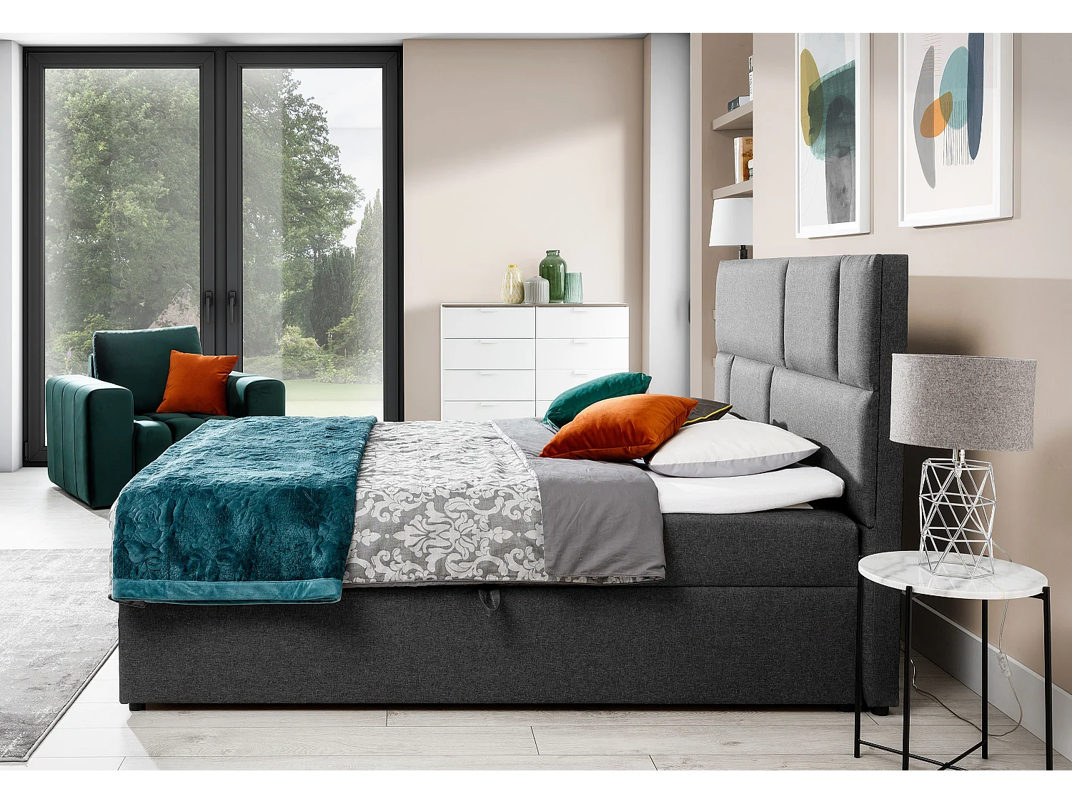 Box Spring Lit Limbardo S (140x200)/Tissu-Bleu