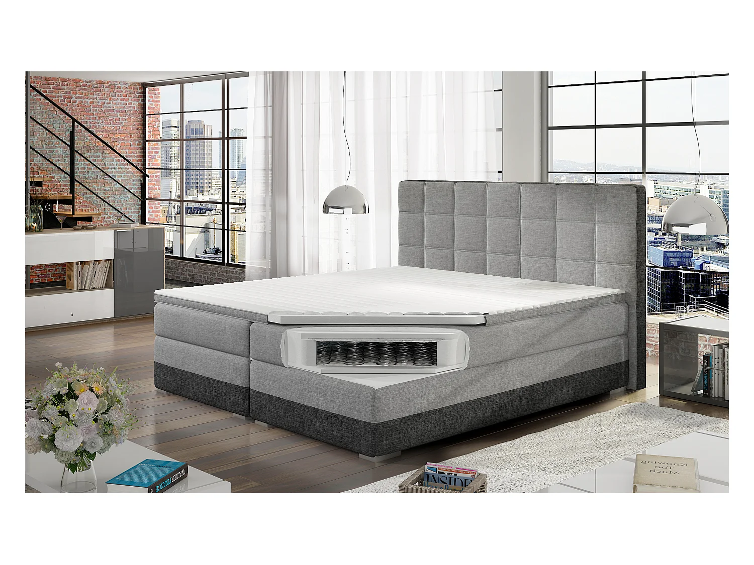 Box Spring Lit Luvre L (180x200)/Tissu-Gris