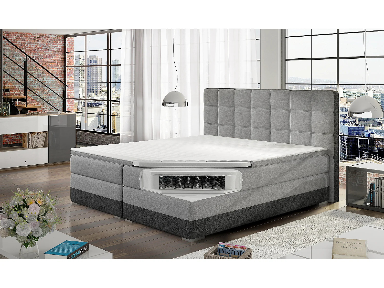 Box Spring Lit Luvre L (180x200)/Tissu-Gris