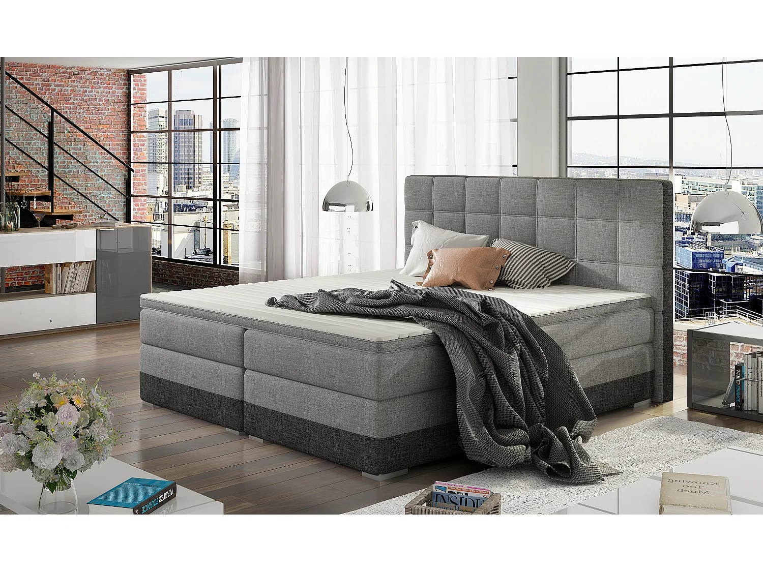 Boxspringbett Luvre L (180x200)/Stoff-Grau&Schwarz