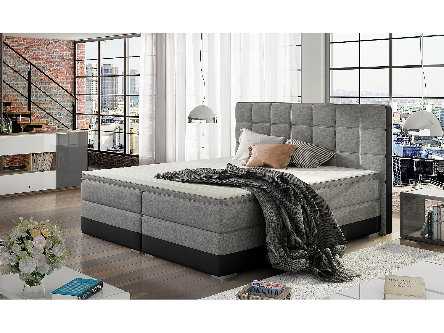 Boxspringbett Luvre L (180x200)/Stoff-Grau&Schwarz