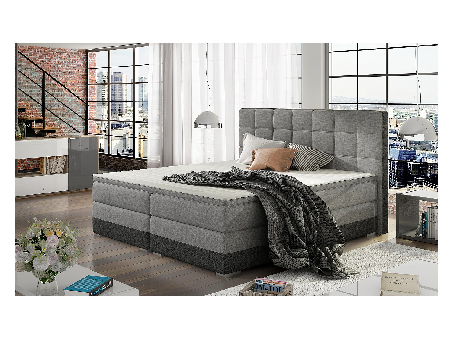 Box Spring Lit Luvre L (180x200)/Tissu-Gris&Noir