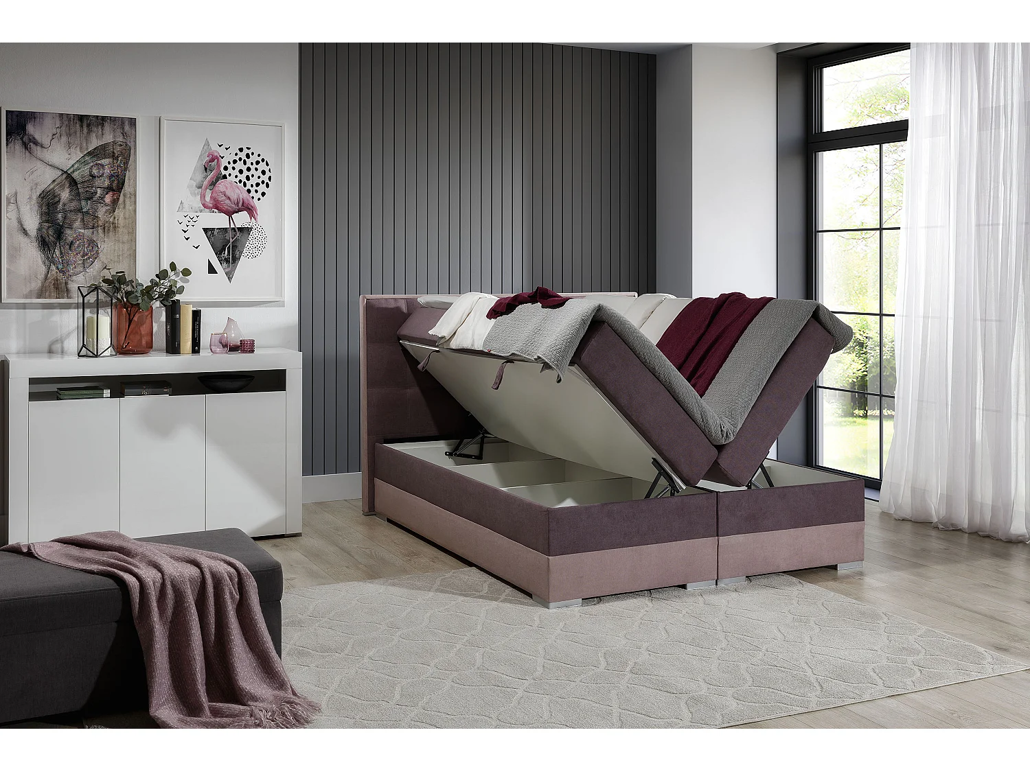 Box Spring Lit Luvre L (180x200)/Tissu-Gris&Noir