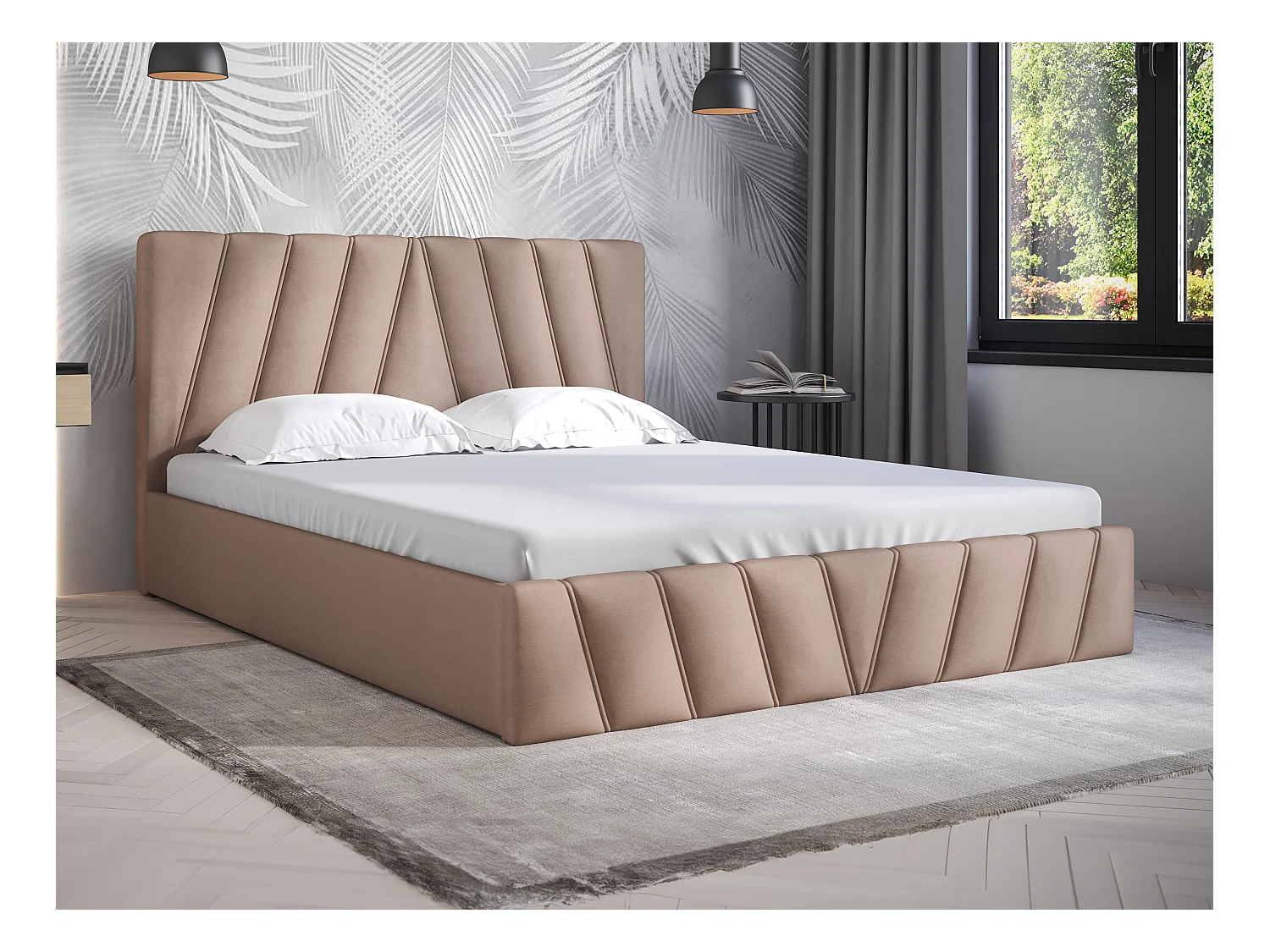 Lit coffre 160 x 200 cm - Velours - Beige + Matelas - LIDAMA de Pascal Morabito