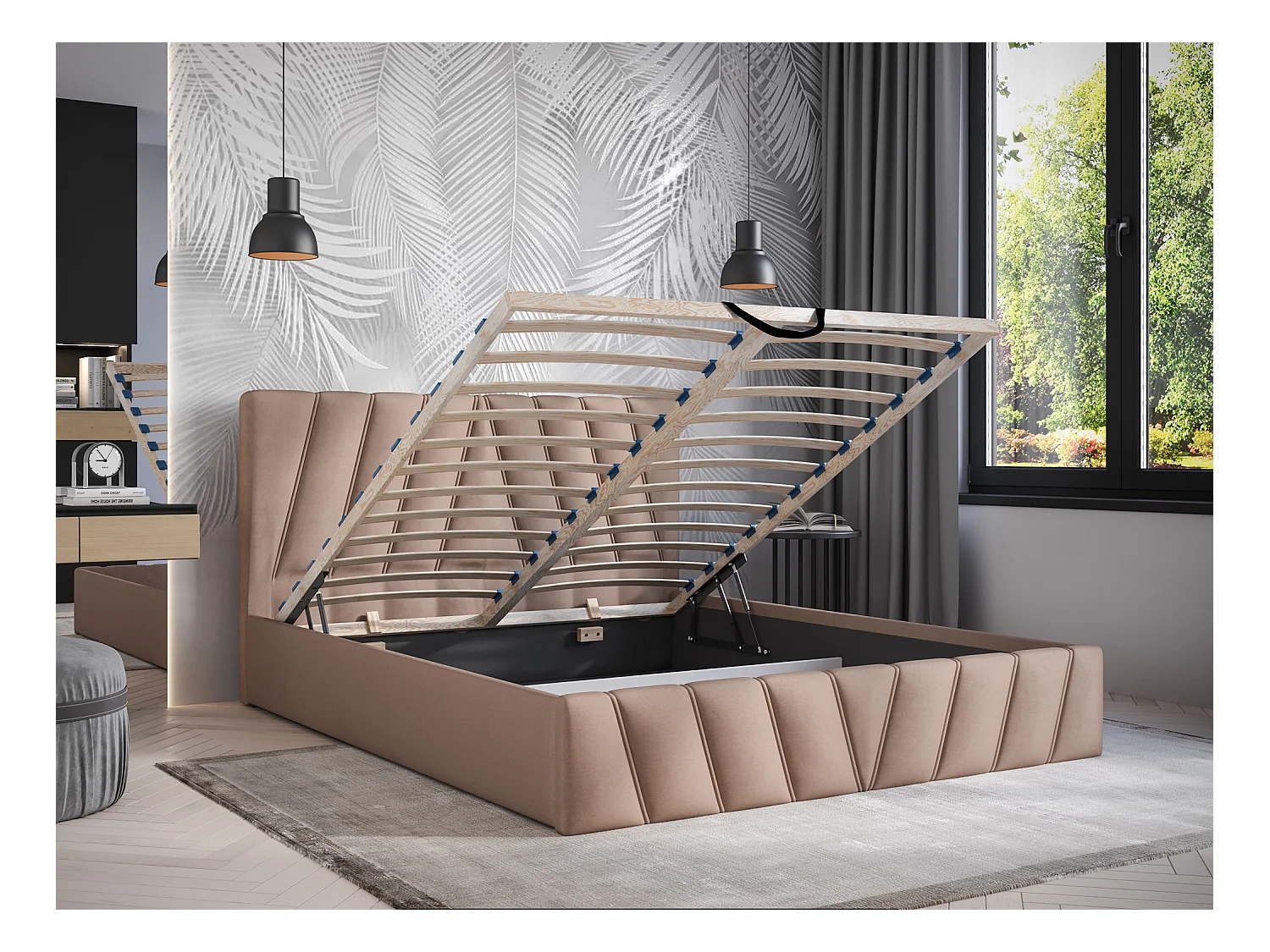 Bed met opbergruimte 160 x 200 cm - Fluweel - Beige + matras - LIDAMA van Pascal Morabito