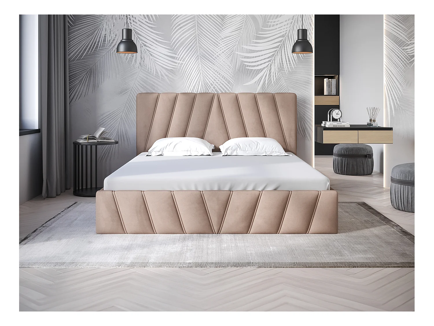 Bed met opbergruimte 160 x 200 cm - Fluweel - Beige + matras - LIDAMA van Pascal Morabito