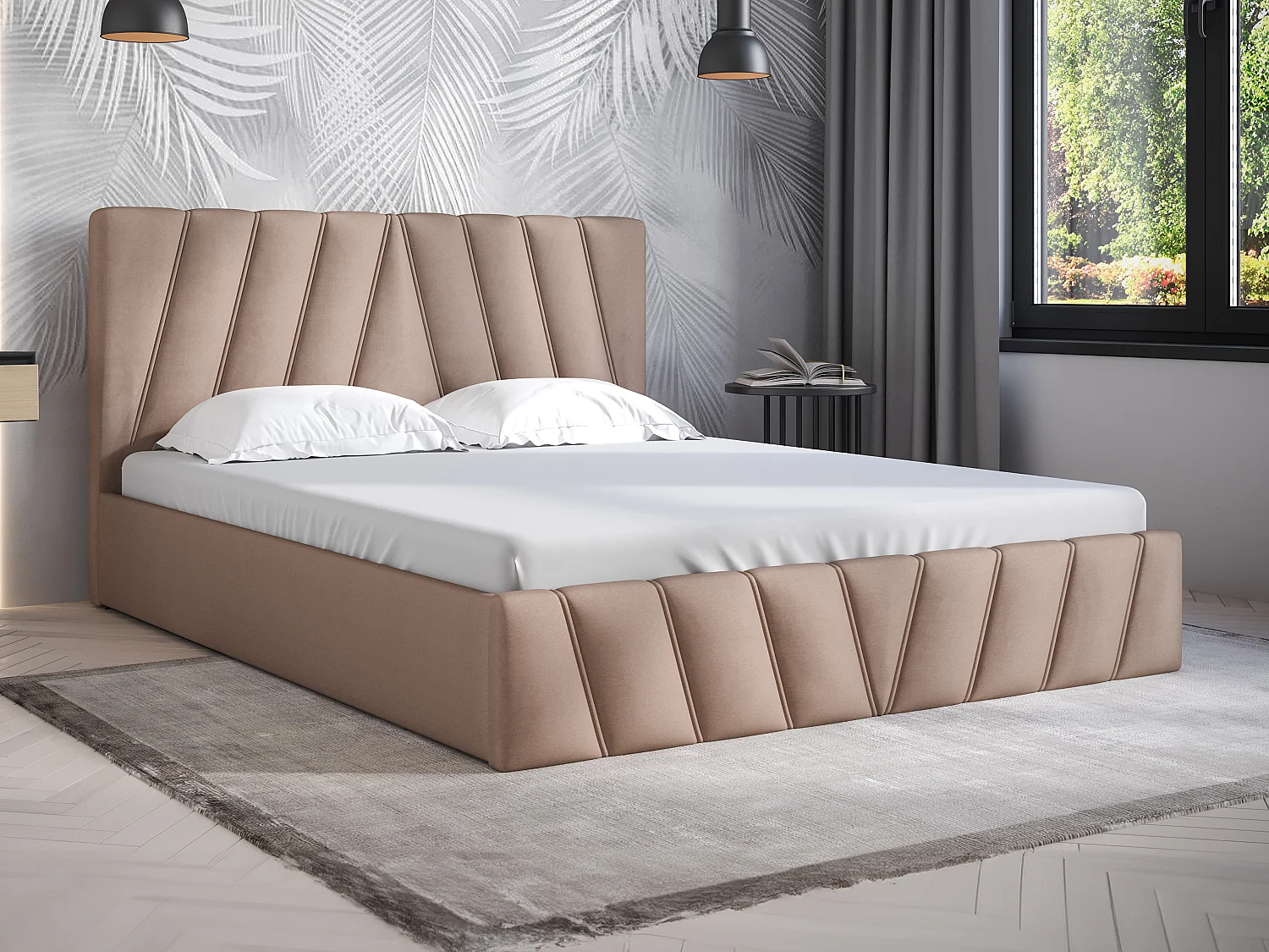Lit coffre 160 x 200 cm - Velours - Beige + Matelas - LIDAMA de Pascal Morabito