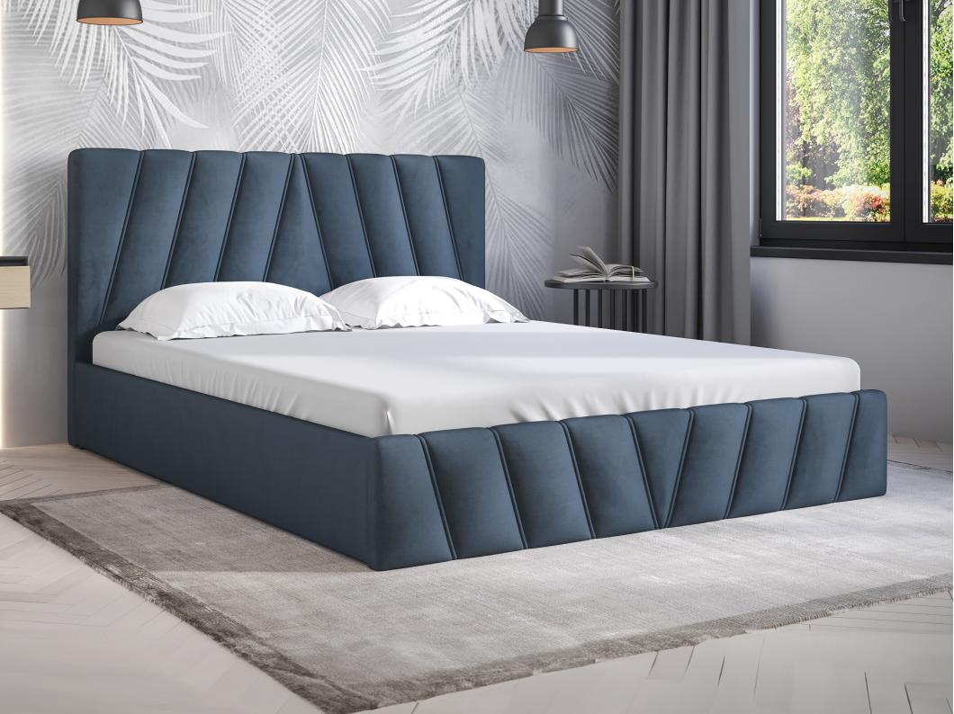 Lit coffre 160 x 200 cm - Velours - Bleu + Matelas - LIDAMA de Pascal Morabito