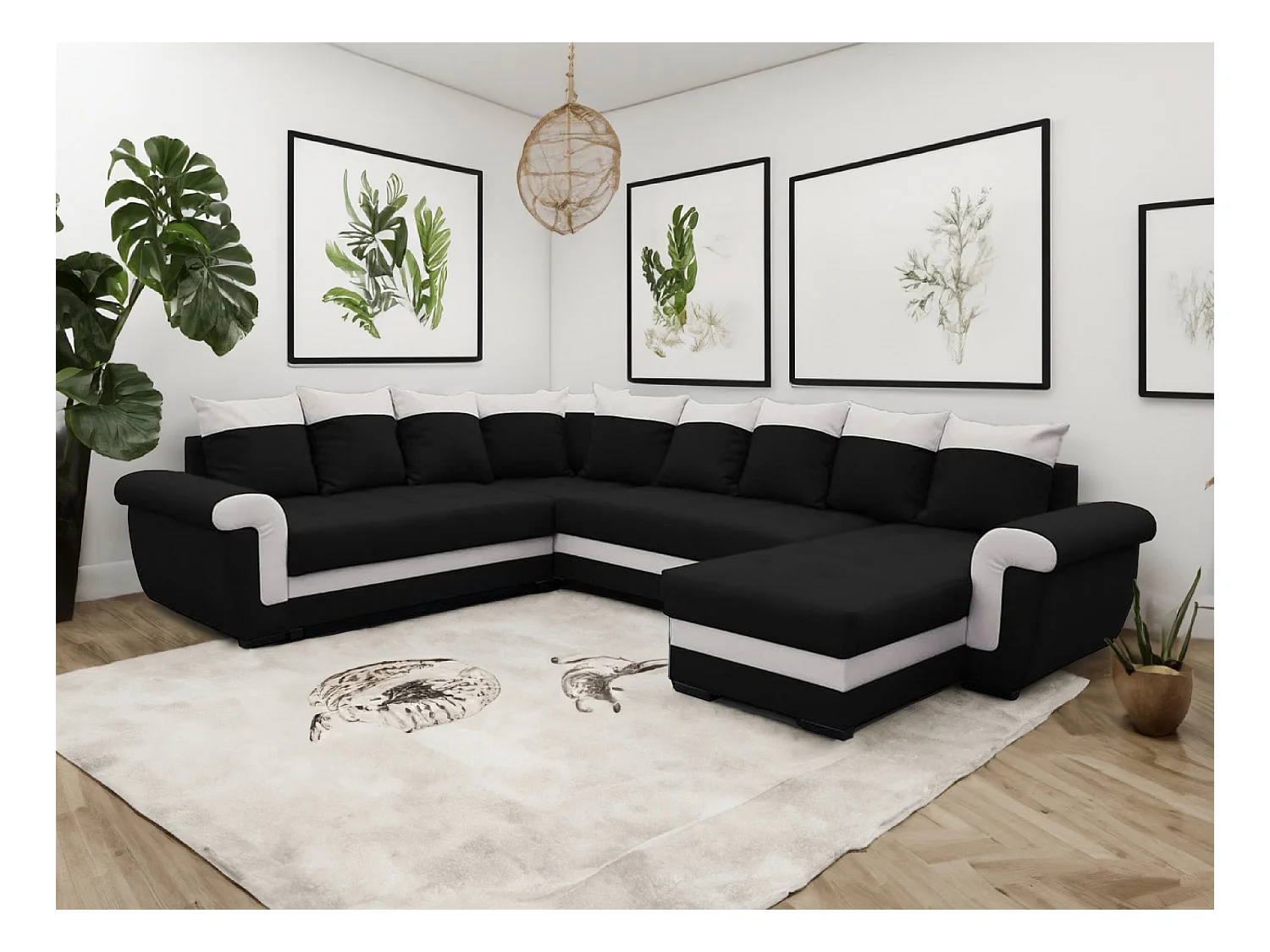 Canapé panoramique convertible LATTIA en tissu noir et blanc