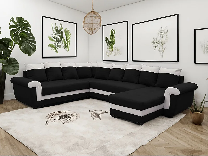 Canapé panoramique convertible LATTIA en tissu noir et blanc