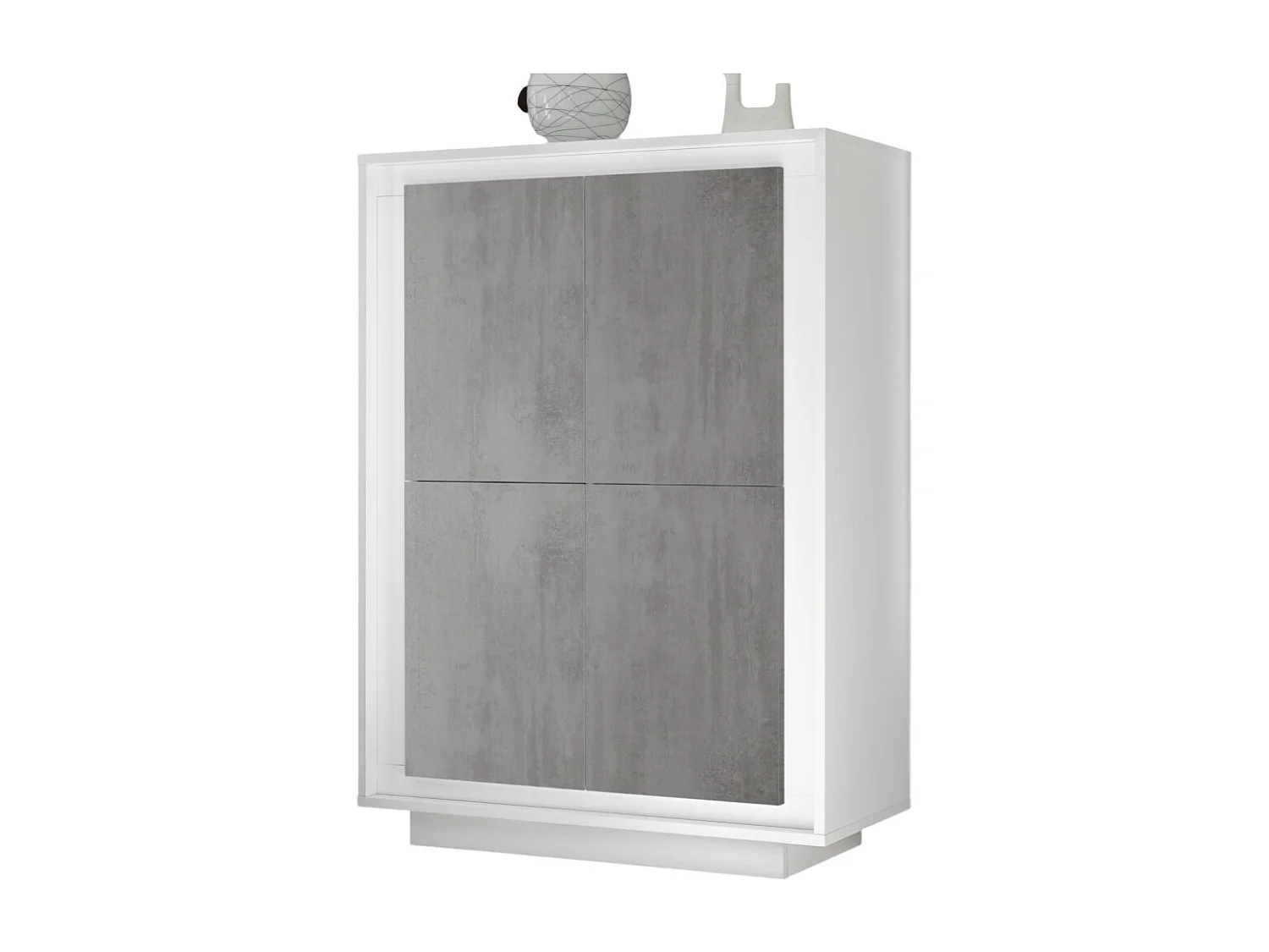 Vitrinekast met 4 deuren FALL - Mat wit gelakt en betongrijs - Modern en functioneel ontwerp