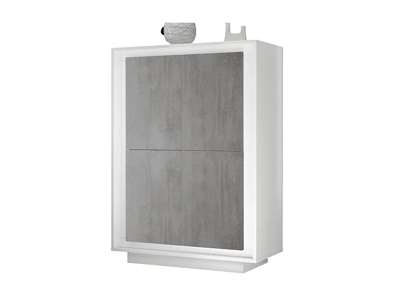 Vitrinekast met 4 deuren FALL - Mat wit gelakt en betongrijs - Modern en functioneel ontwerp