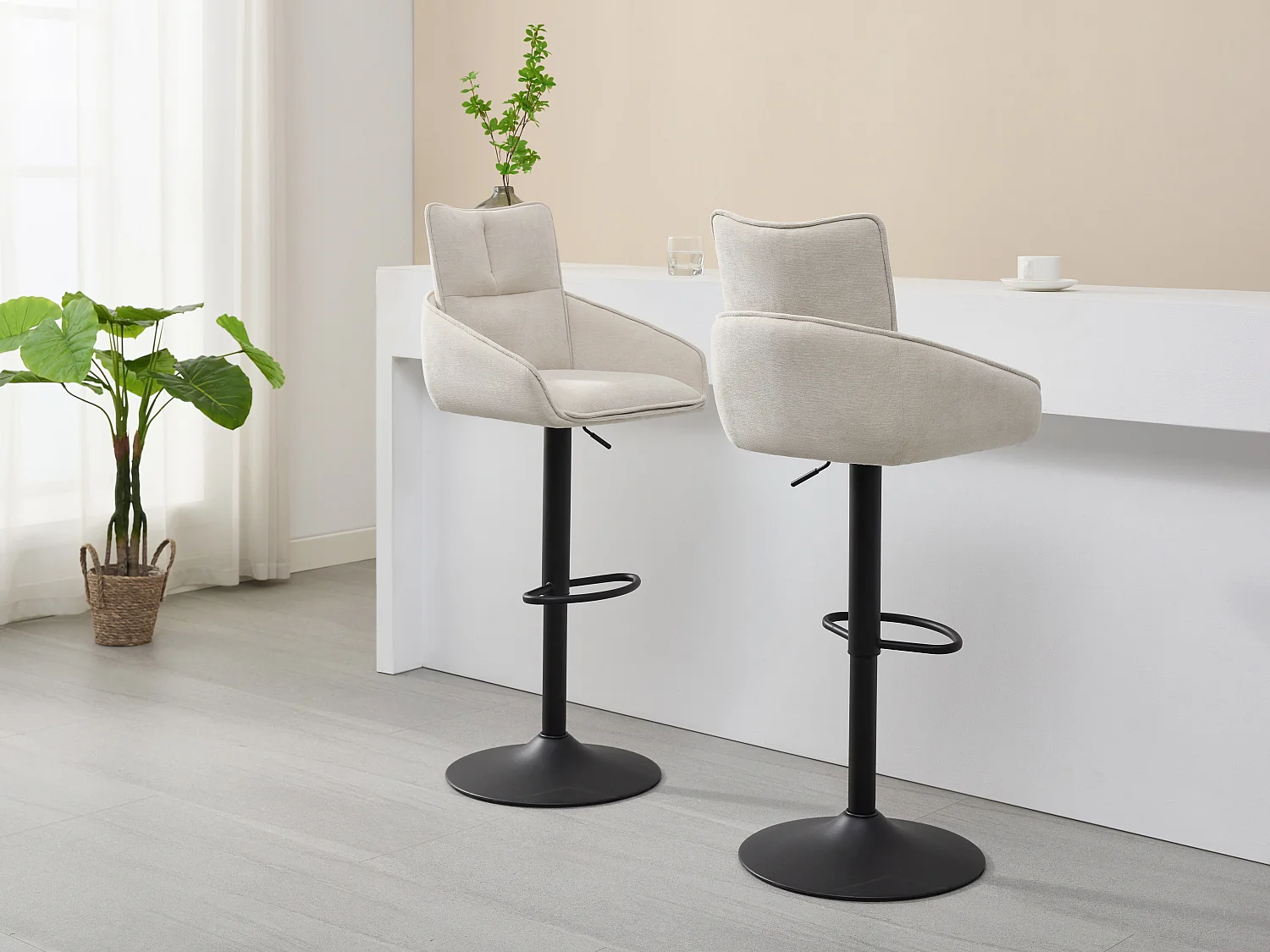 Barhocker 2er-Set höhenverstellbar - Stoff & schwarzes Metall - Cremefarben - LIKOLIA