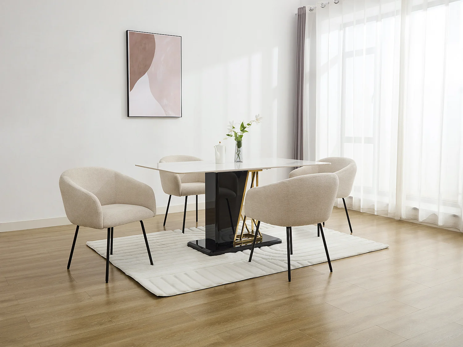 Lot de 2 chaises avec accoudoirs en tissu texturé et métal noir - Crème - NISTOSIA